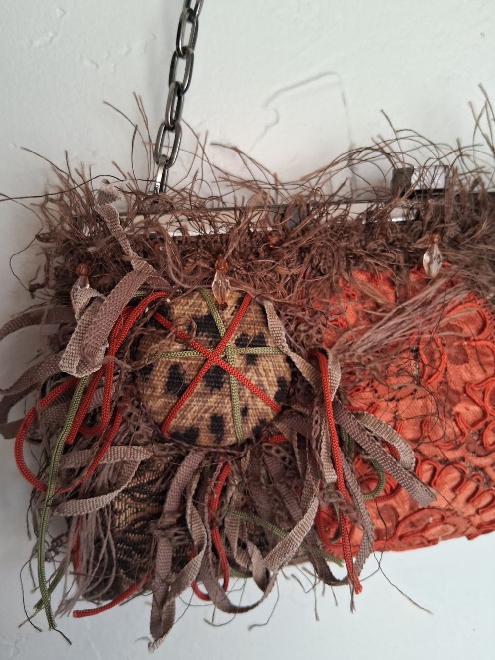 Shelley Wenum Designs Y2K Boho Tapestry Feather Trim Chain Shoulder Bag Purse - Picture 2 of 5